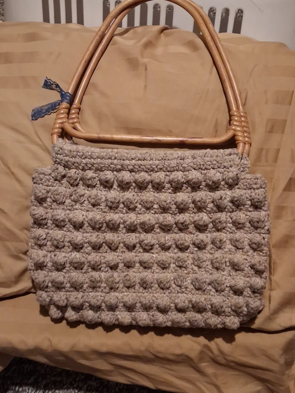 Handcrafted Beige Crochet Tote Bag with Bamboo Handles